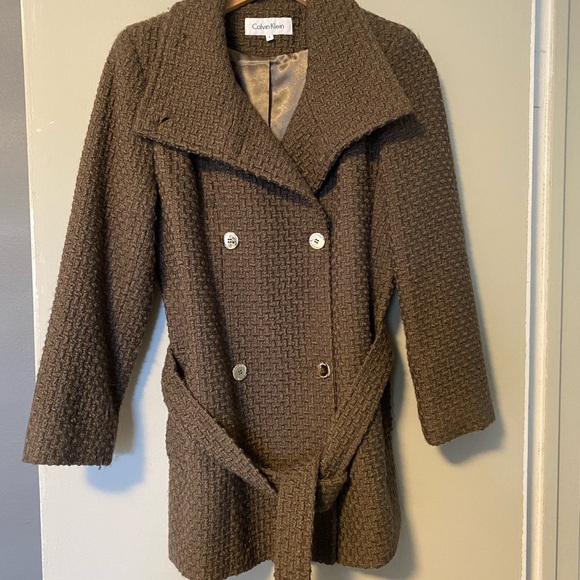 Calvin Klein Textured Brown Pea Coat - Picture 3 of 5